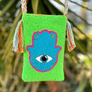 Hand of Hamsa Bag, Punch Needle Phone Bag , Punch Needle Embroidered Mini Crossbody Phone Bag, Punch Bags, Handmade Gift Shoulder Bag
