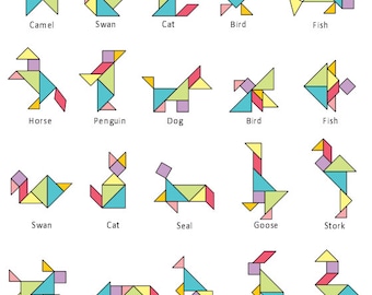 49 Animal Tangrams and additional 19 animal tangram Puzzles Printed Digital Download