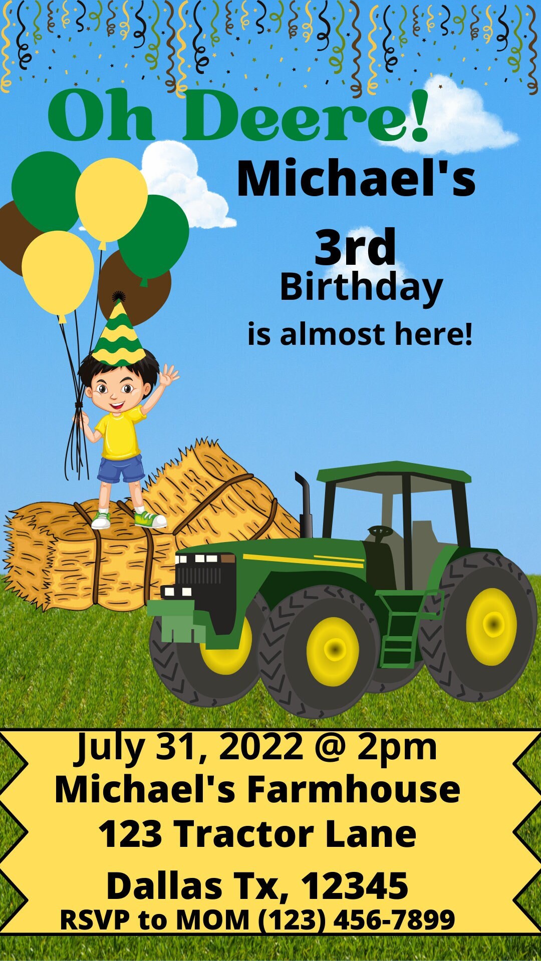 Tractor Editable Birthday Invitation, Printable Digital Download ...