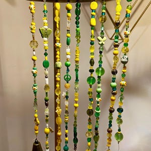 Beaded Driftwood Suncatcher |Green & Yellow Glass and Acrylic Beads| boho window hanging| driftwood bead art| handmade decor