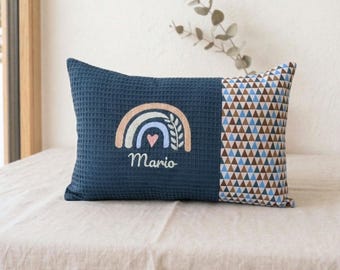 Birth cushion embroidered with a rainbow and personalized upon request • removable filling and washable • size 25 x 40 cm