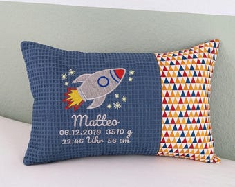 Birth cushion embroidered with a rocket • personalized with name and birth details • cushion cover and inner cushion in 25 x 40 cm