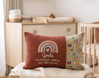 Birth cushion embroidered with rainbow • personalized with name and birth details • cushion cover and inner cushion in 25 x 40 cm