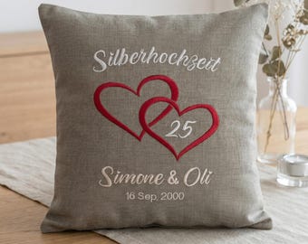 Gift for a silver wedding anniversary • wedding • golden wedding anniversary • Valentine's Day • personalized • embroidered with hearts • cushion with cover