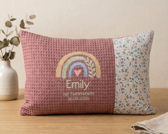 Kissen zur Kommunion oder Konfirmation bestickt mit Regenbogen • personalisiert • Bezug und Innenkissen 25 x 40 cm • verschiedene Motive