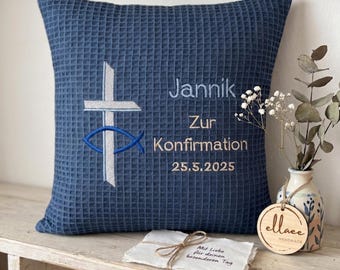 Personalized Communion/Confirmation gift • Pillow embroidered with name and blessing • Cross with fish symbol • Cover and inner cushion