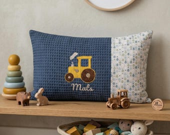 Personalized name cushion with tractor design • Cushion for country children, personalized with cover 25 x 40 cm • Tractor cushion with name and birth details