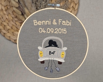 Personalized wedding gift • embroidered with names and wedding date • wedding car in embroidery frame for the bride and groom • embroidery frame picture