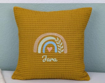 Personalized name pillow • Birth pillow • Embroidered with rainbow • Pillow with cover • 30 x 30 cm