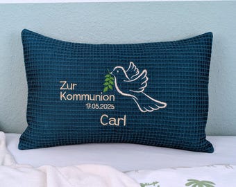 Communion or Confirmation gift • personalized with name, date and blessing • pillowcase embroidered with dove and inner cushion