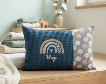 Personalized name pillow embroidered with rainbows • with name and/or birth details such as weight, height, date and time