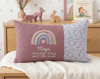 Personalized birth cushion embroidered with name and birth details • Rainbow gift • Size 30 cm x 50 cm • Various designs