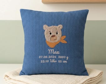 Personalized pillow for newborns, embroidered with name and birth details • Teddy bear gift • Size 40 cm x 40 cm