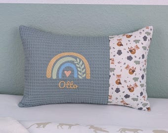 Birth cushion embroidered with name, size, weight and rainbow, personalized with name and dates, cushion cover and inner cushion in 25 x 40 cm