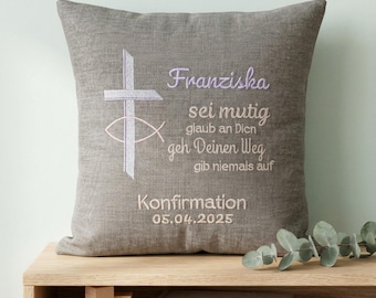 Gift for Confirmation or Communion • Personalized cushion with cover • Cross with fish symbol • Size 30 x 30 cm or 40 x 40 cm