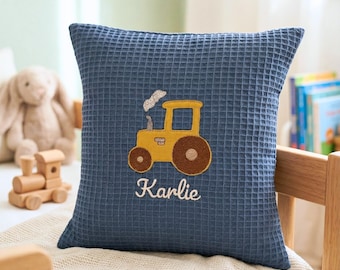 Personalized birth cushion • embroidered with tractor and name • also available with size and weight upon request • cushion with cover 30 x 30 cm