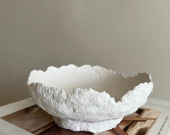 Wabi Sabi  Handmade Paper Mache Pedestal Bowl, White, Unique, Rare Find