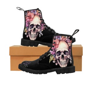 Petal and Bones Women's Canvas Boots | Unique Skull and Floral Print | Trendy and Comfortable Footwear | Sizes 6.5-11
