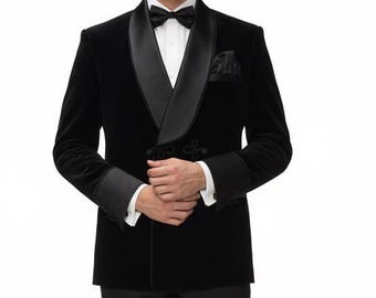 Handmade Black Velvet Tuxedo Jacket, Satin Shawl Lapel, Tailor Fit