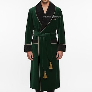 Groene lange fluwelen jurk voor heren, Engelse vintage gewaden met ceintuur voor heren
