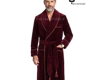Mens Burgundy Velvet Smoking Robe, Luxury Quilted Shawl Collar House Coat, Gentleman Lounge Robe, Wedding Party Velvet Dressing Gown