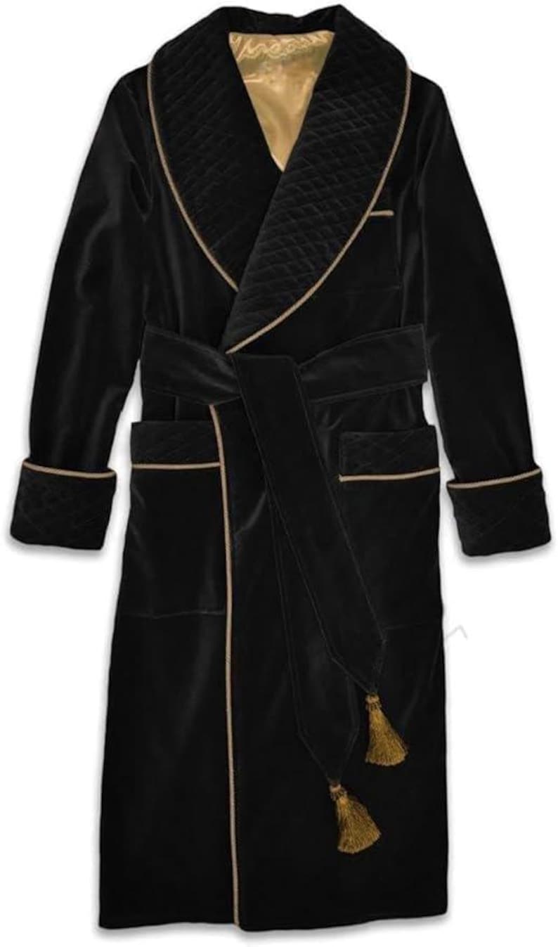 Men's Smoking Robe Black Velvet Smoking Jacket Robe for Men Quilted Shawl Collar, Gold ...