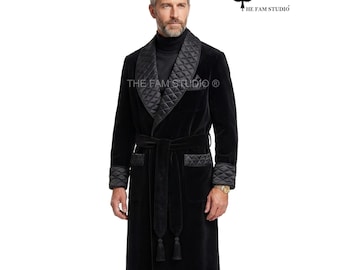 Luxury Men’s Velvet Robe, Quilted Shawl Collar Dressing Gown, Black Smoking Robe for Men, Premium Lounge Wear, Elegant House Robe