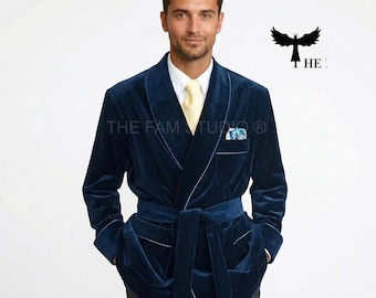 Bata de fumar de terciopelo azul marino para hombre – Cuello tipo chal acolchado, elegante bata
