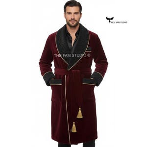 Men’s Burgundy Velvet Smoking Jacket Robe | Black Quilted Collar | Gold Piping | Luxury Velvet Dressing Gown with Tassel Belt