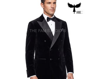 Men’s Black Velvet Tuxedo Jacket – Satin Lapels, Double-Breasted