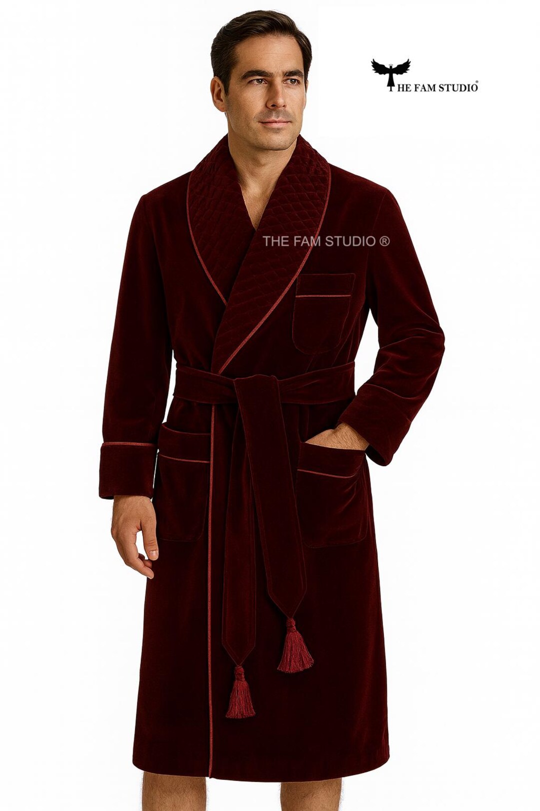 Men's Smoking Robe Burgundy Velvet Smoking Jacket Robe for Men | Quilted Collar | Knee ...