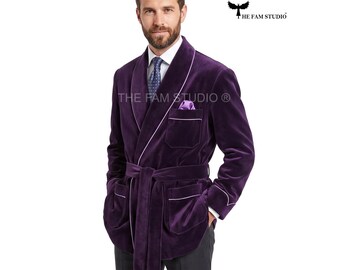 Mens Purple Velvet Smoking Jacket, Luxury Velvet Lounge Blazer, Shawl Collar Dinner Jacket, Victorian Style Smoking Coat, Gift for Him