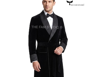 Mens Black Velvet Smoking Jacket Quilted Shawl Lapel Robe Luxury Tuxedo Robe Groom Wear Wedding Party Blazer Custom Jacket