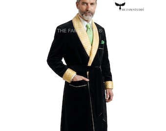 Luxury Men’s Velvet Robe with Gold Quilted Trim – Elegant Smoking Jacket Style – Black & Gold Dressing Gown – Groom Gift, Loungewear