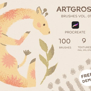 May include: A set of 100 Procreate brushes featuring a whimsical illustration of a giraffe with a textured, floral pattern. The brushes are designed for digital art and include 9 textures in PNG, JPG, and EPS formats. The text "ARTGROSS BRUSHES VOL. 01" and "FREE DEMO" are also visible.