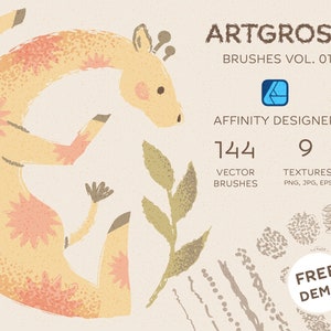 以下が含まれることがあります： Affinity Designer 用のベクターブラシ 144 個とテクスチャ 9 個のセット。ブラシは、テクスチャのある手描き風の外観を作成するために設計されています。画像には、花柄のキリン、葉、さまざまなブラシストロークが描かれています。