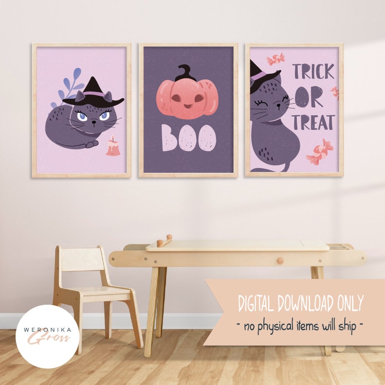 Halloween Printable Gallery Wall Set Witch Cats, Pastel Pink Halloween