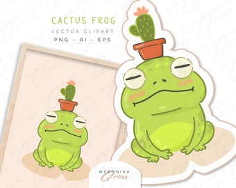 Cactus Frog Vector Illustrations, Digital Files Clipart Desig with Cute Kawaii Frog Nursery Art, Sticker, Poster AI EPS PNG, High Resolution