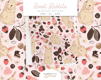 Sweet Rabbits Seamless Vector Pattern Cute Chocolate Kawaii Illustrations Strawberry Nursery AI JPG EPS 300 dpi Repeat Tile Digital Files