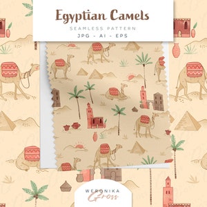 Cammelli egiziani Seamless Vector Patterns Desig Desert Fabric Adventure Piramidi Digital Textile Digital Paper JPG AI EPS 300 dpi Ripeti Tile
