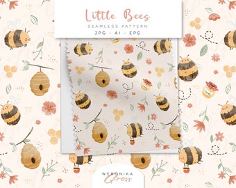 Little Bees Seamless Vector Pattern, Digital FILES Fabric Desig with Bee Honey Floral Bugs, Nursery, Repeat Tile, EPS JPG 300 dpi