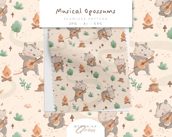 Musical Opossums Seamless Vector Pattern Desig Forest Fall Autumn Patterns Digital Fabric Guitars Wallpaper Paper Pack Textile EPS AI JPG