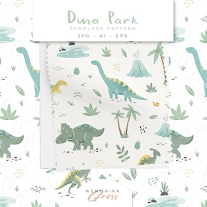 May include: A seamless pattern featuring cute cartoon dinosaurs in a variety of colours, including green, blue, and yellow. The pattern also includes palm trees, volcanoes, and eggs. The text "Dino Park Seamless Pattern JPG - AI - EPS" is at the top of the image.