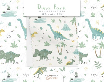 Dino Park Seamless Vector Pattern Desig Dinosaurs Jungle Digital Files Baby Boy Collection Exotic Wallpaper EPS AI JPG Repeat Tile 300 Dpi