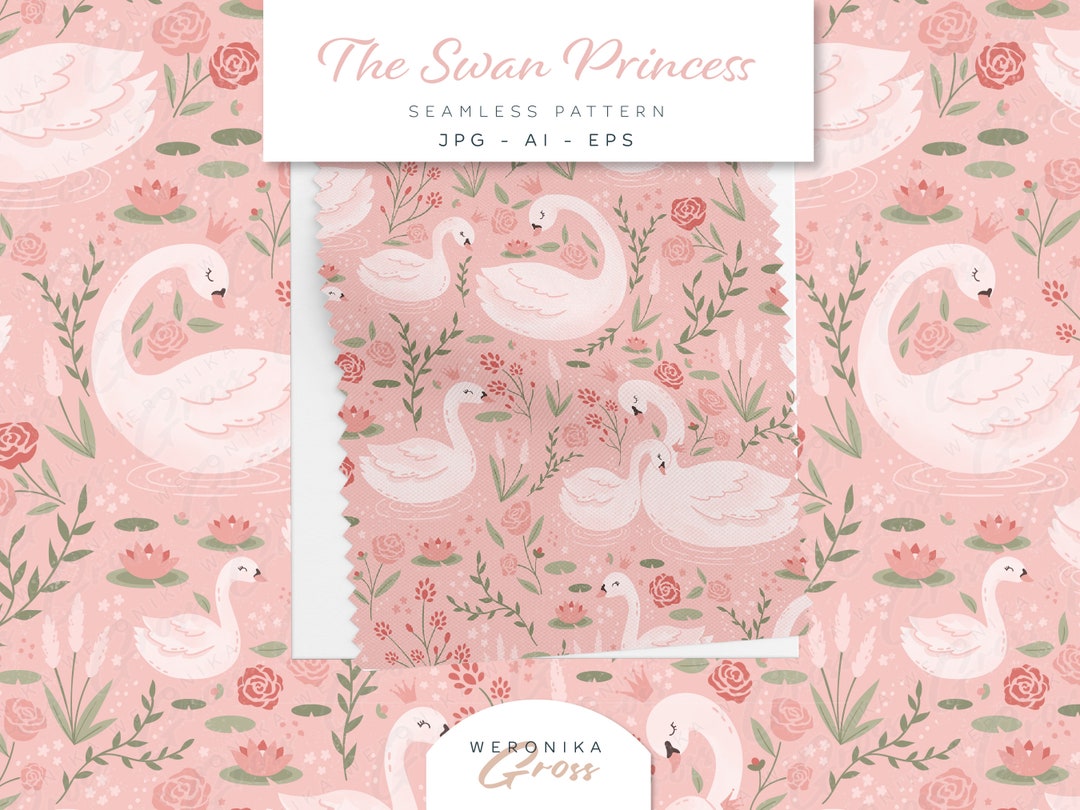 Swan Princess Seamless Pattern, Pink Floral Fabric Design (digital ...