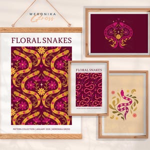 Conjunto de arte mural de serpiente floral, estampados místicos de estilo cottagecore oscuro, decoración de rosa dorada antracita
