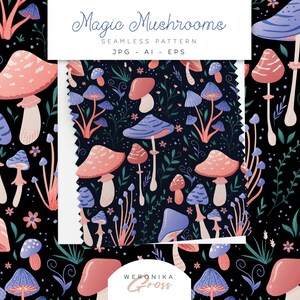 Magische Pilze nahtlose Vektormuster Desig Lila Wald Floral Digital Fabric-Dateien, JPG, AI EPS 300 dpi Rapportfliese Textiltapete