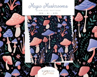 Magic Mushrooms seamless Vector Pattern Desig Purple Forest Floral Digital Fabric Files, JPG, AI EPS 300 dpi Repeat Tile Textile Wallpaper