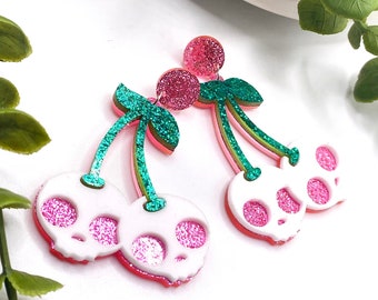 E17 Halloween Earrings, Spooky, Punky, Jewellery, Skull, Pink Glitter, Fun, Statement, Quirky, Girly, Harajuku, Cherry, Gothic