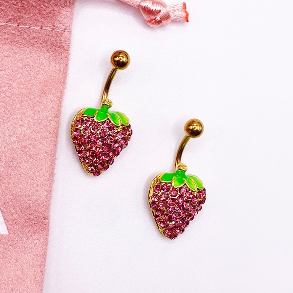 Cute Pink Strawberry Heart Navel Piercing Belly Bar Jewellery Rockabillie 50s Surgical steel 316l Gold Dangle Unique